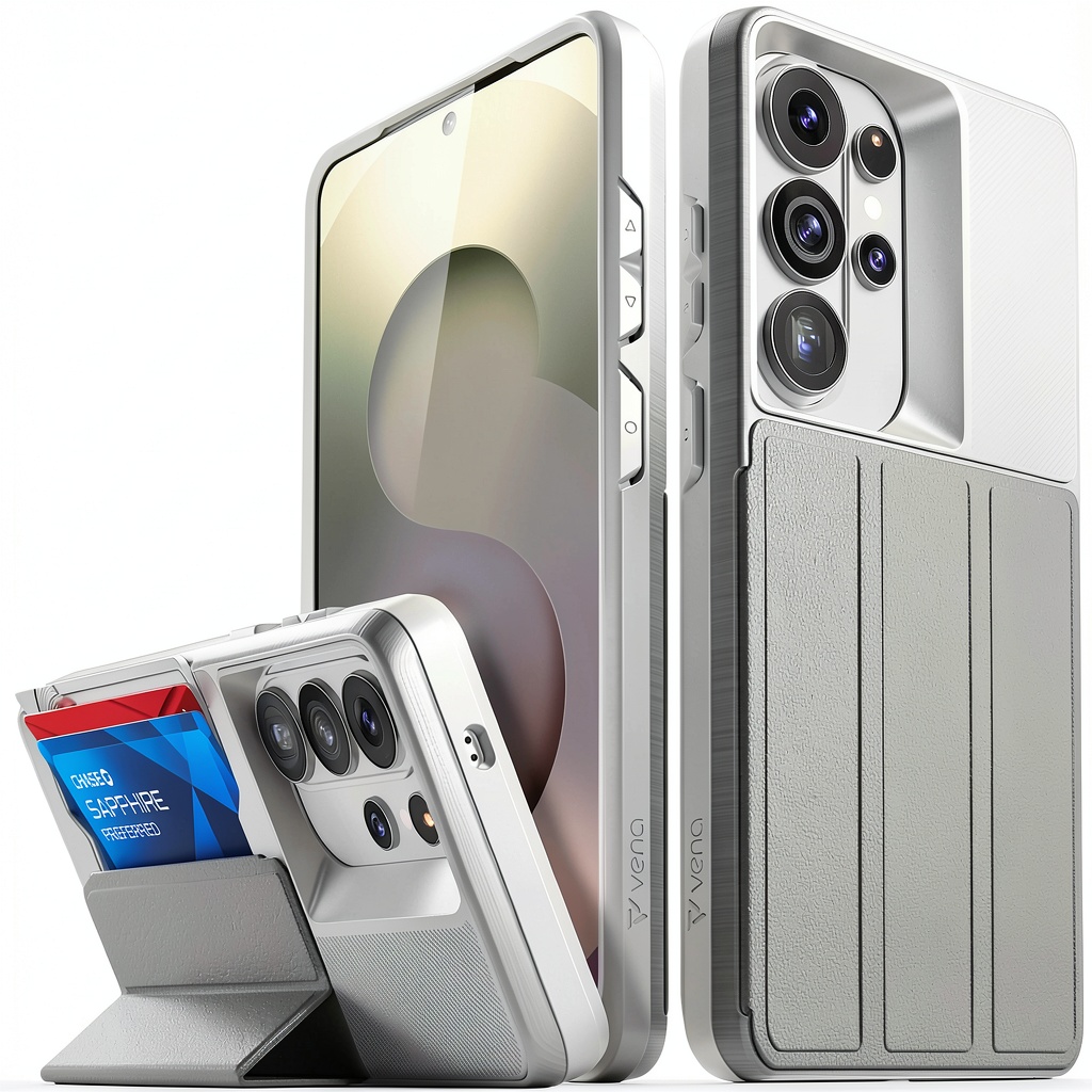 Vena Galaxy S26 Ultra wallet case showing card slot and stand in use