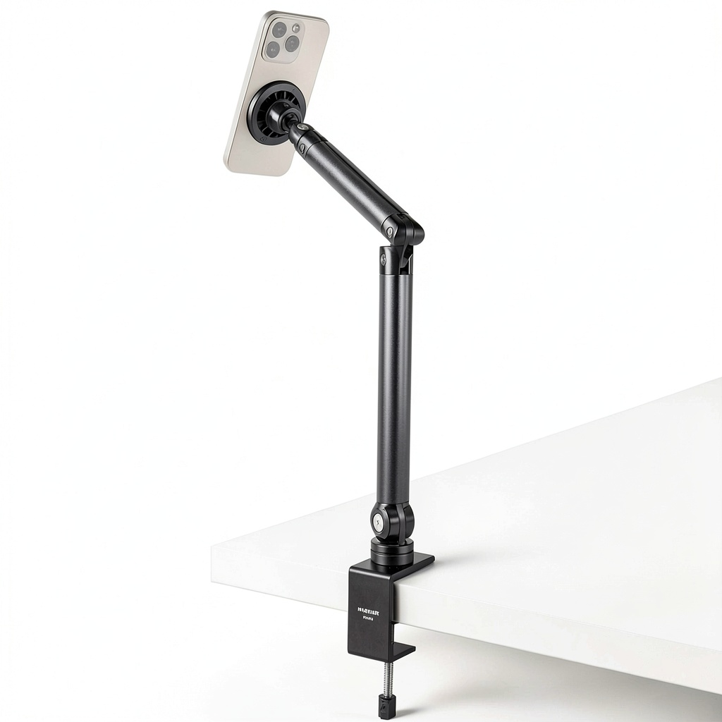 Neewer Basics magnetic phone stand mounted on a desk with smartphone attached