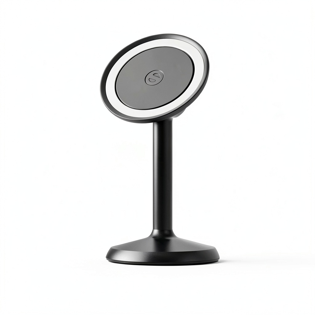 Magnetic phone stand in use on a desk with a smartphone attached