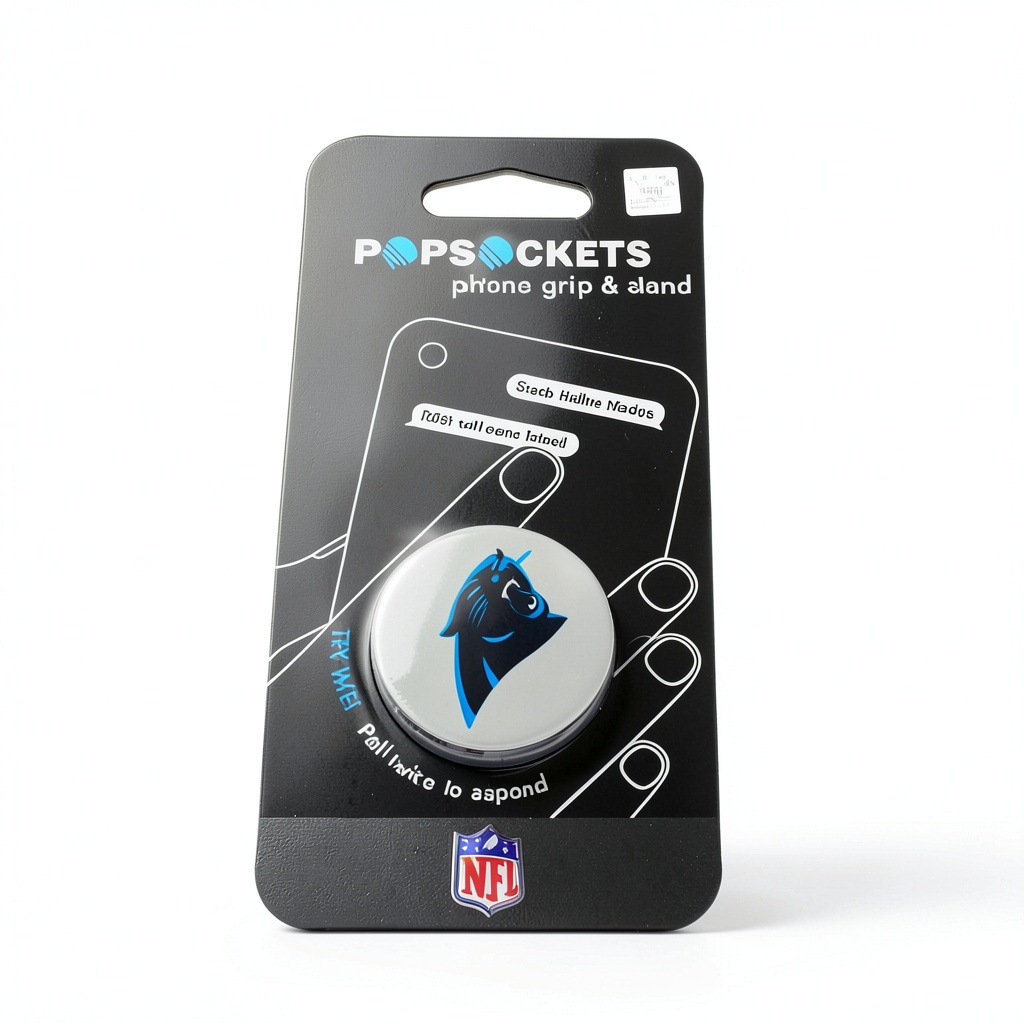 Carolina Panthers PopSocket attached to a smartphone showing the logo and grip in use