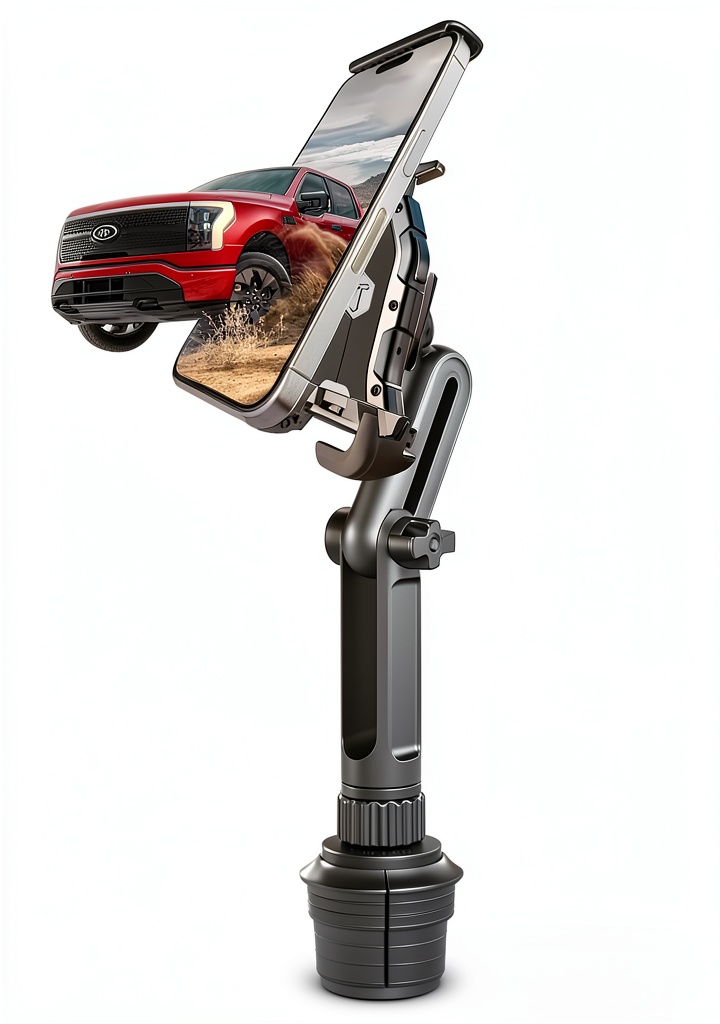 Talon Boom 2.0 universal cup holder mount installed in a pickup truck cup holder, showing the telescoping arm extended